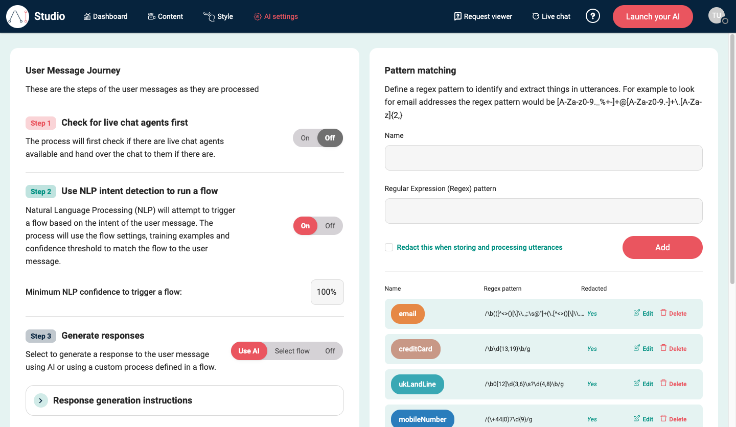 AI settings in EBI's AI Studio showing the User Message Journey