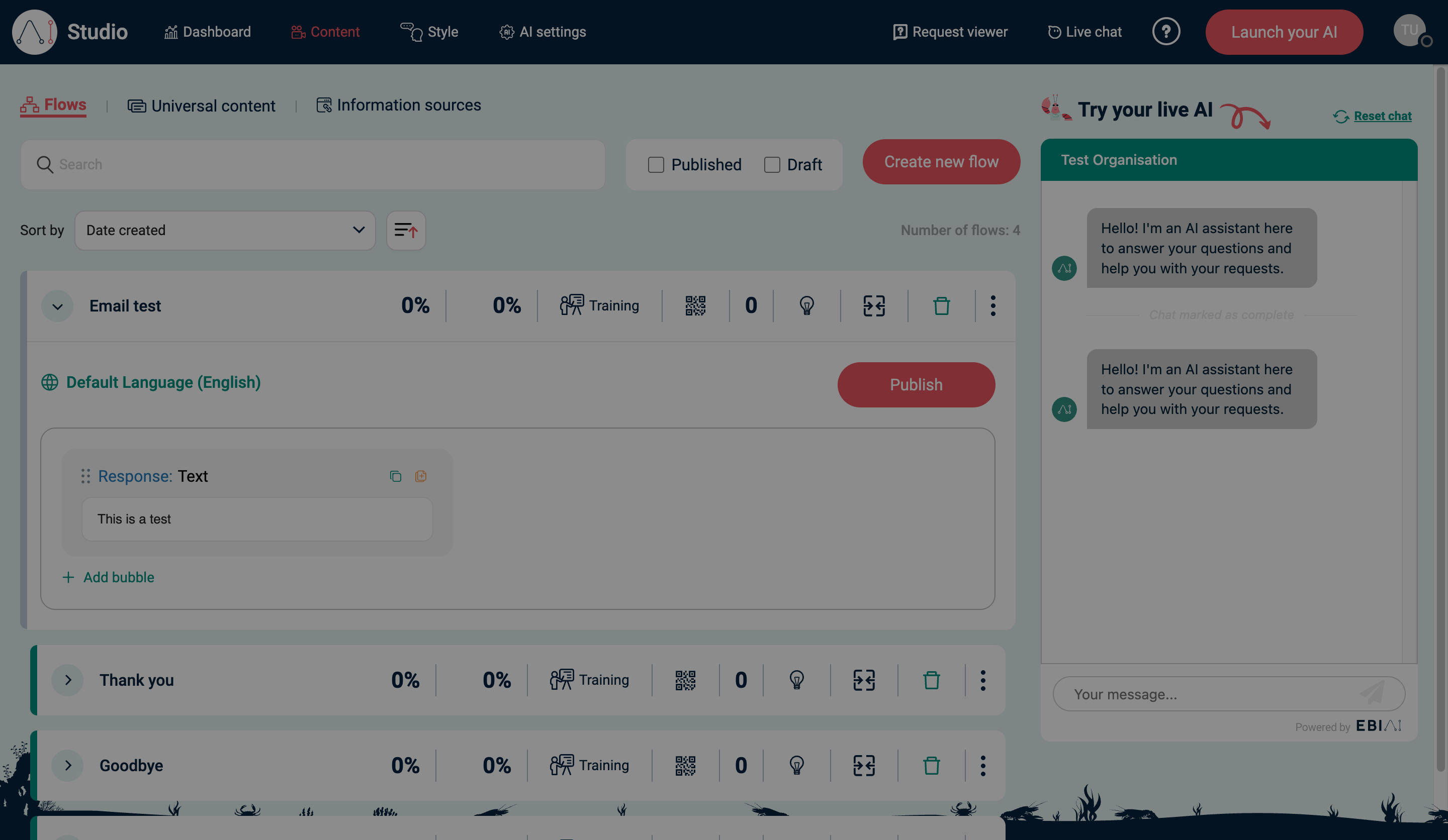 Flows in EBI's AI Studio showing Create new flow, Publish, and Try your live AI