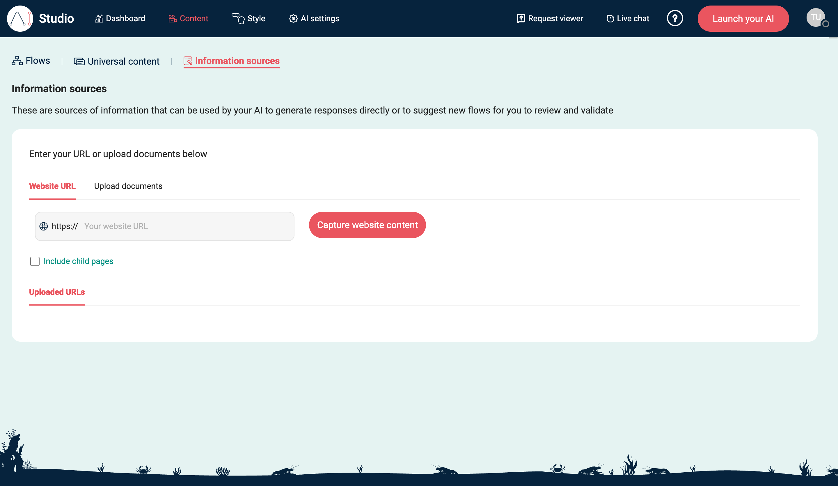 Information sources in EBI's AI Studio showing website URL capture
