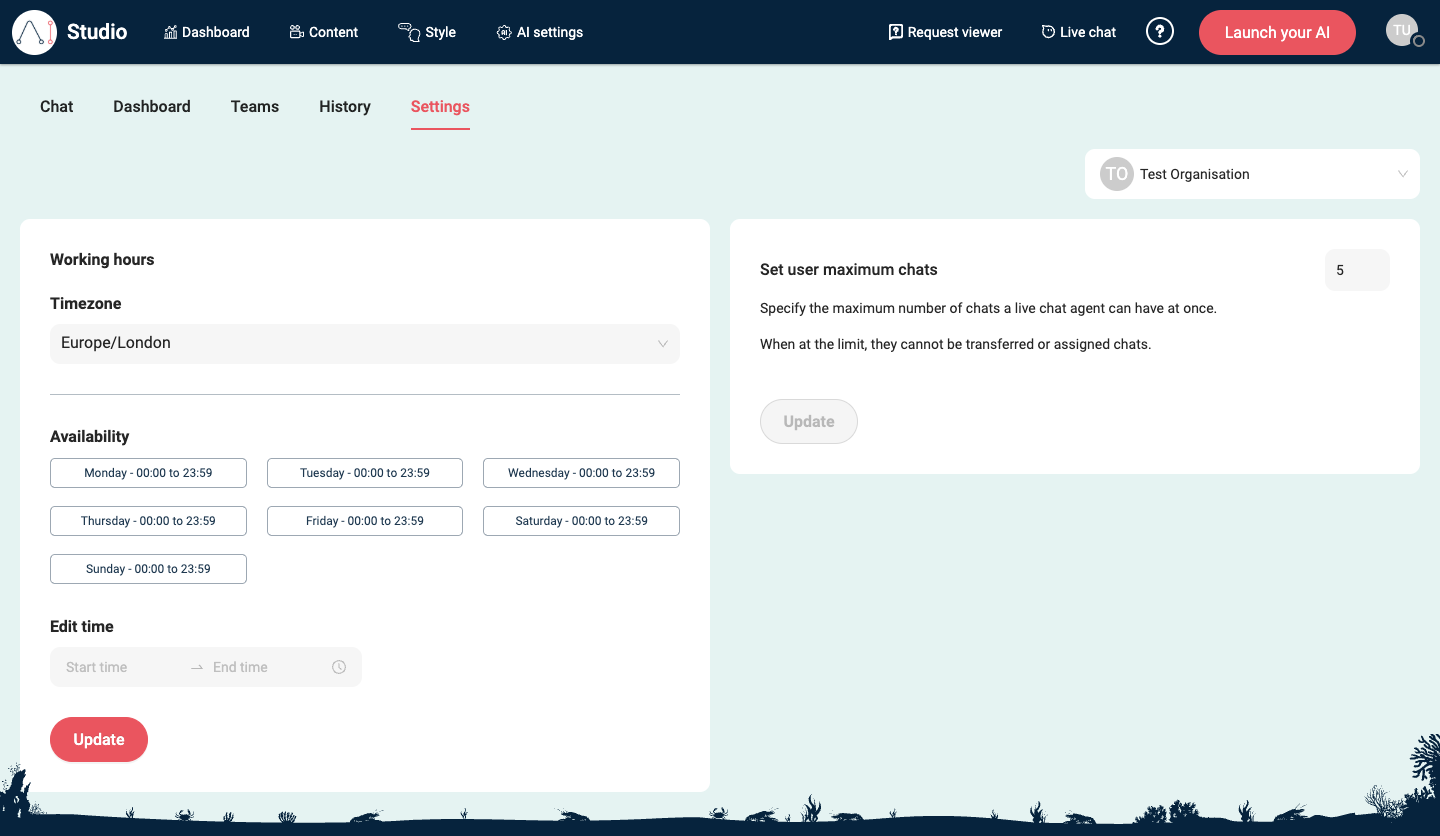 Live chat Settings in EBI's AI Studio showing Working hours and Timezone