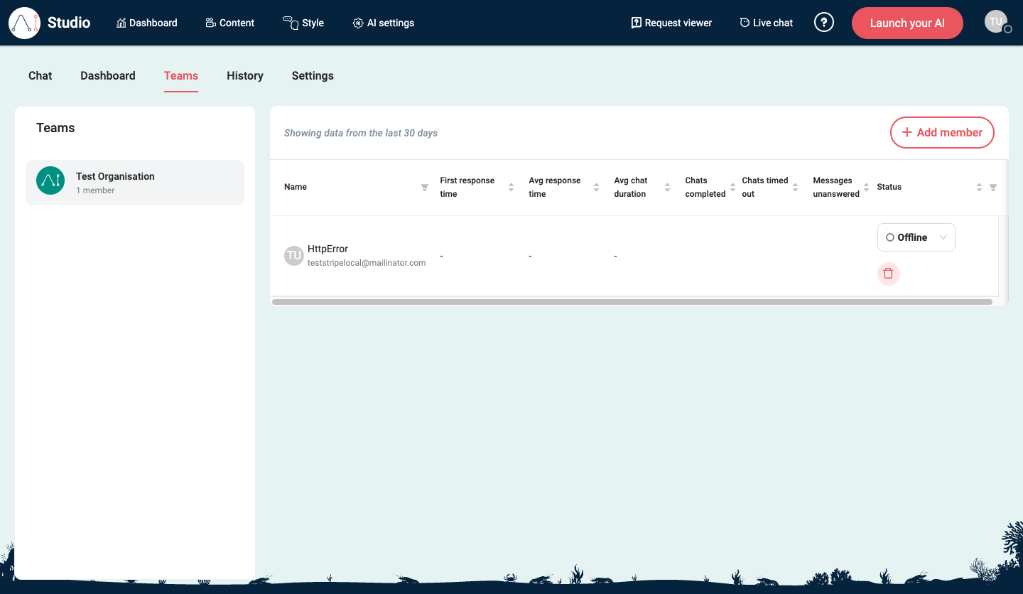 Live chat Teams in EBI's AI Studio showing Add member