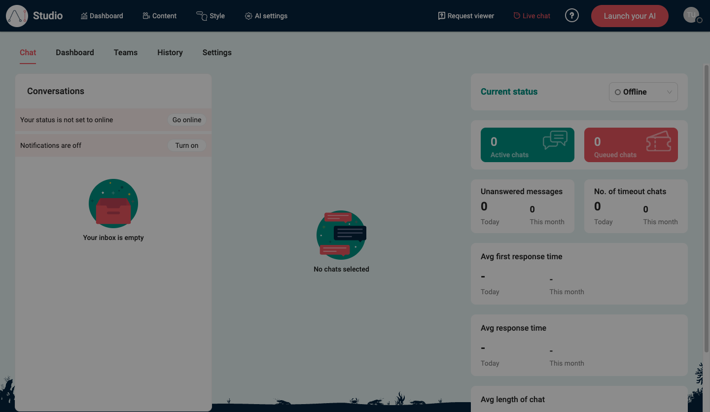 Live chat in EBI's AI Studio showing the Chat, Dashboard, Teams, History, and Settings tabs