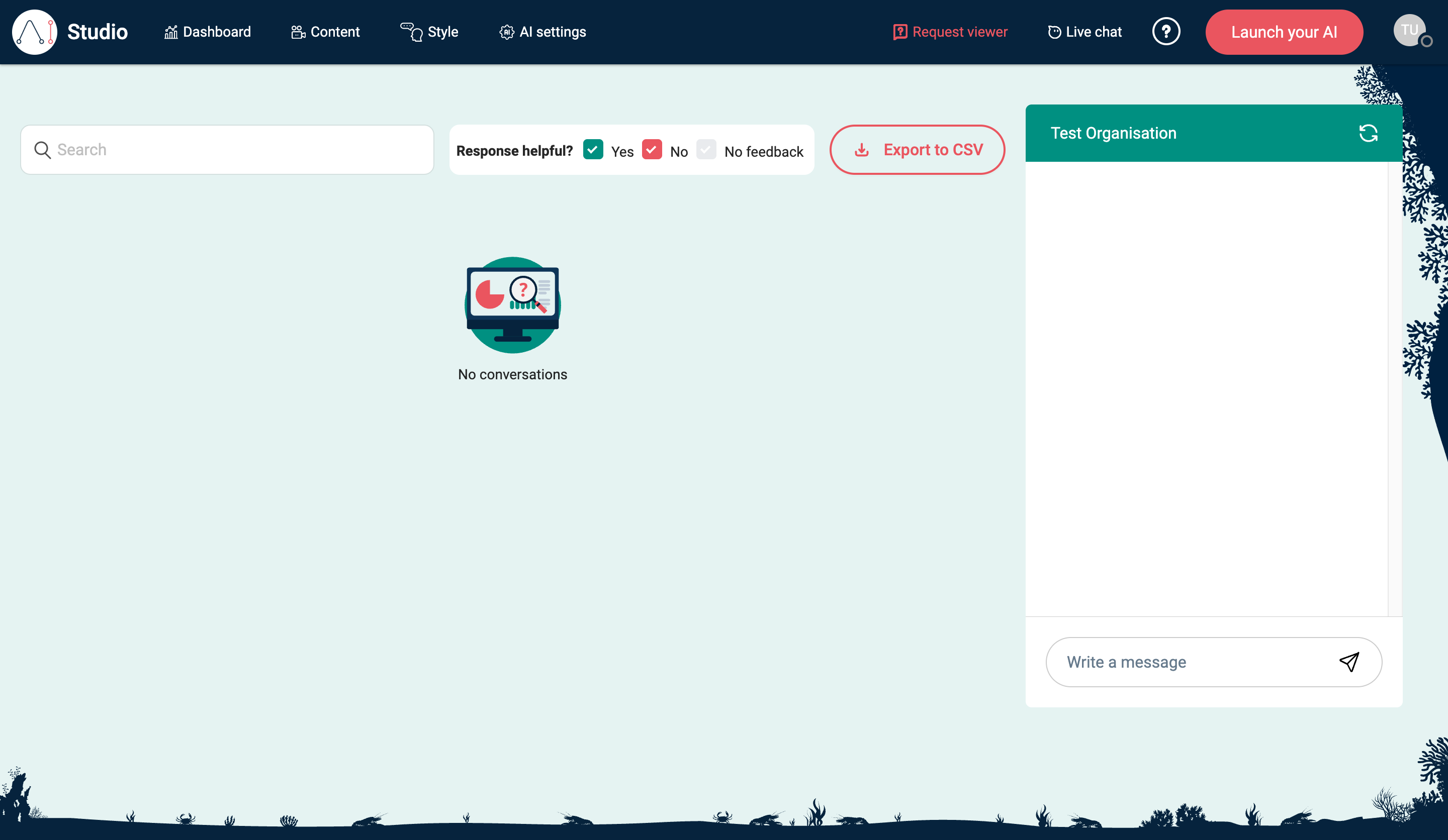 Request viewer in EBI's AI Studio showing search, Response helpful filters, and Export to CSV