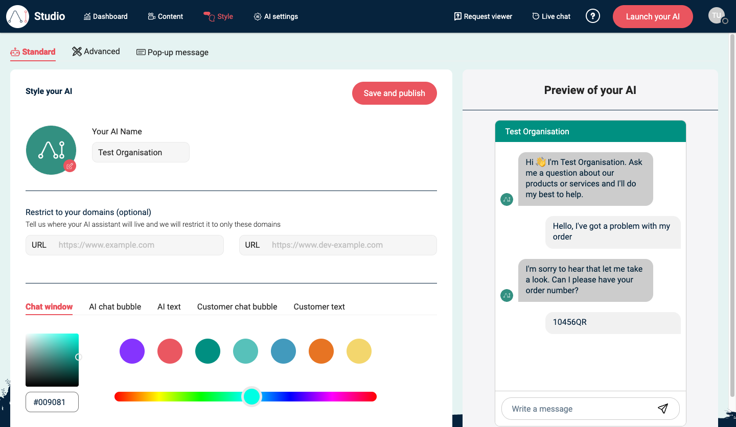 Style in EBI's AI Studio showing Standard, Advanced, Pop-up message, and Save and publish