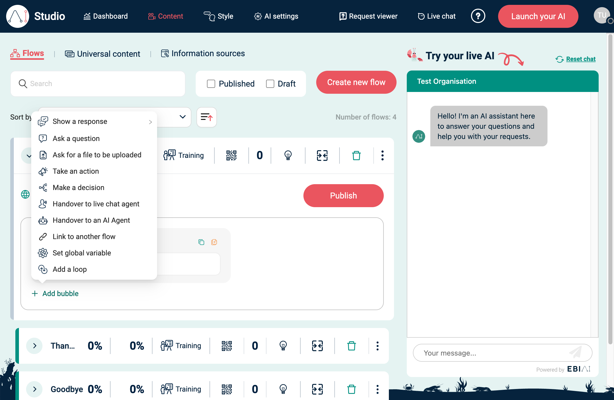 Add bubble menu in EBI's AI Studio showing Take an action