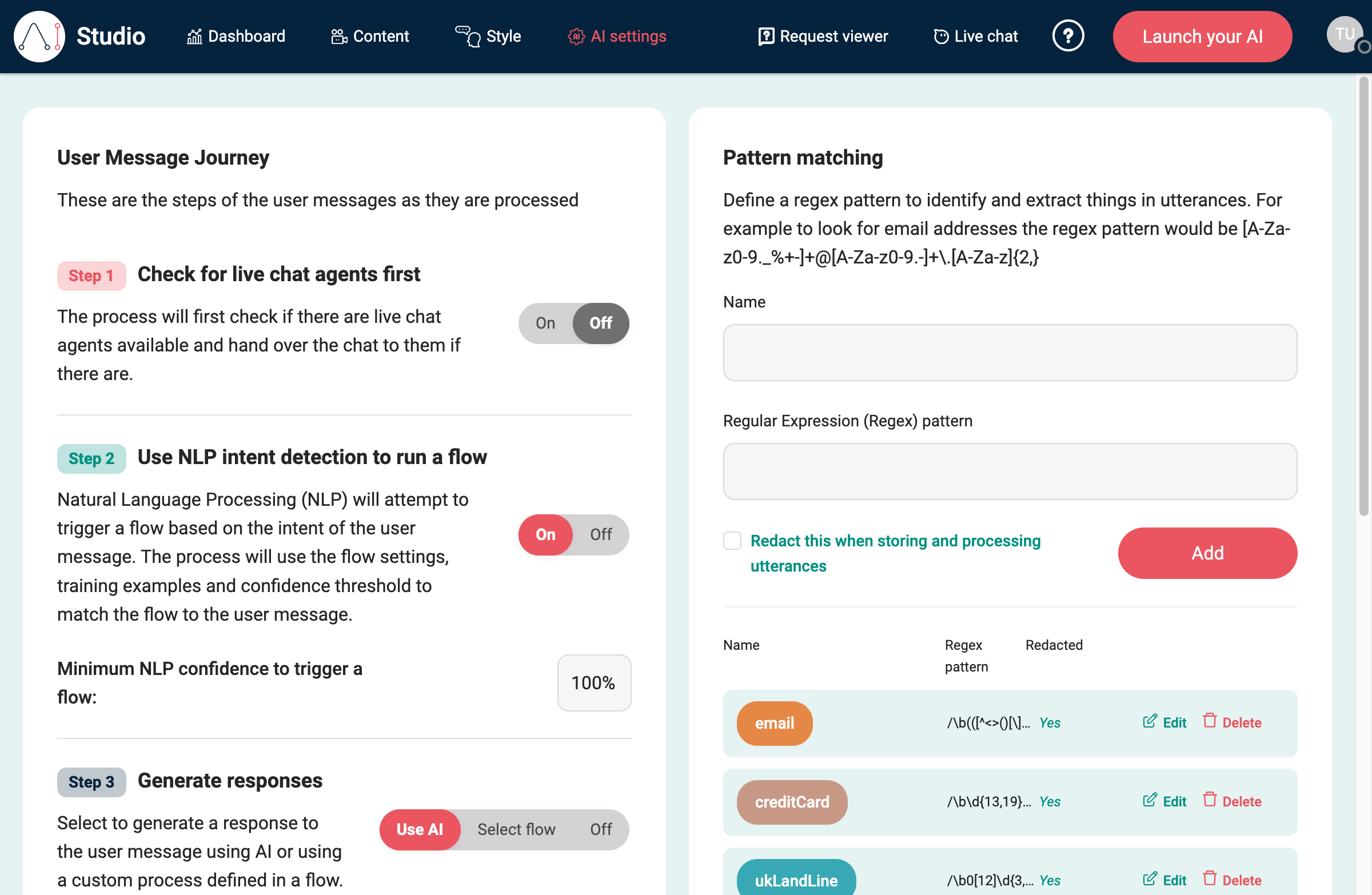 AI settings in EBI's AI Studio showing Allow AI to use tools