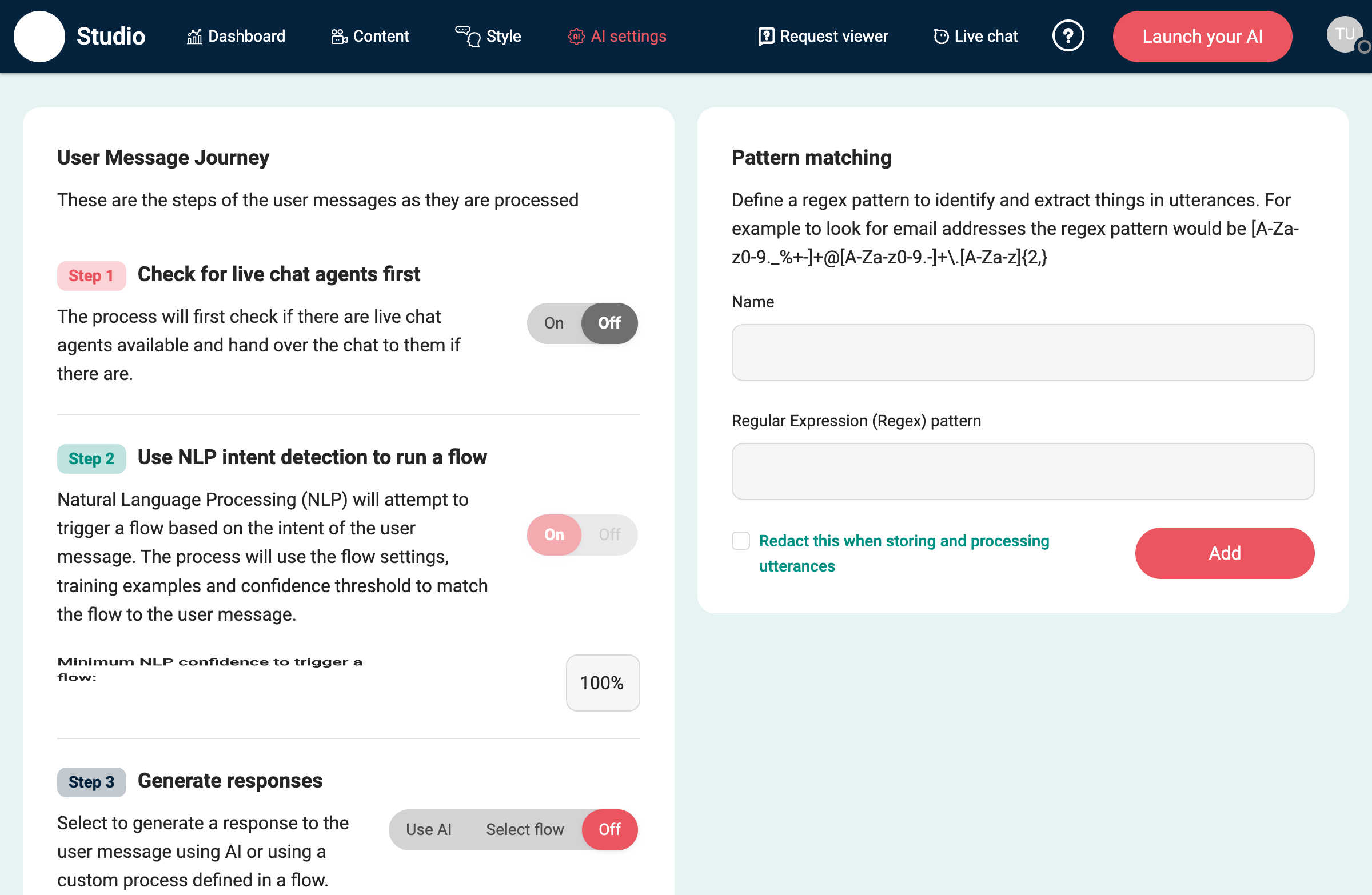 AI settings in EBI's AI Studio showing User Message Journey and Pattern matching