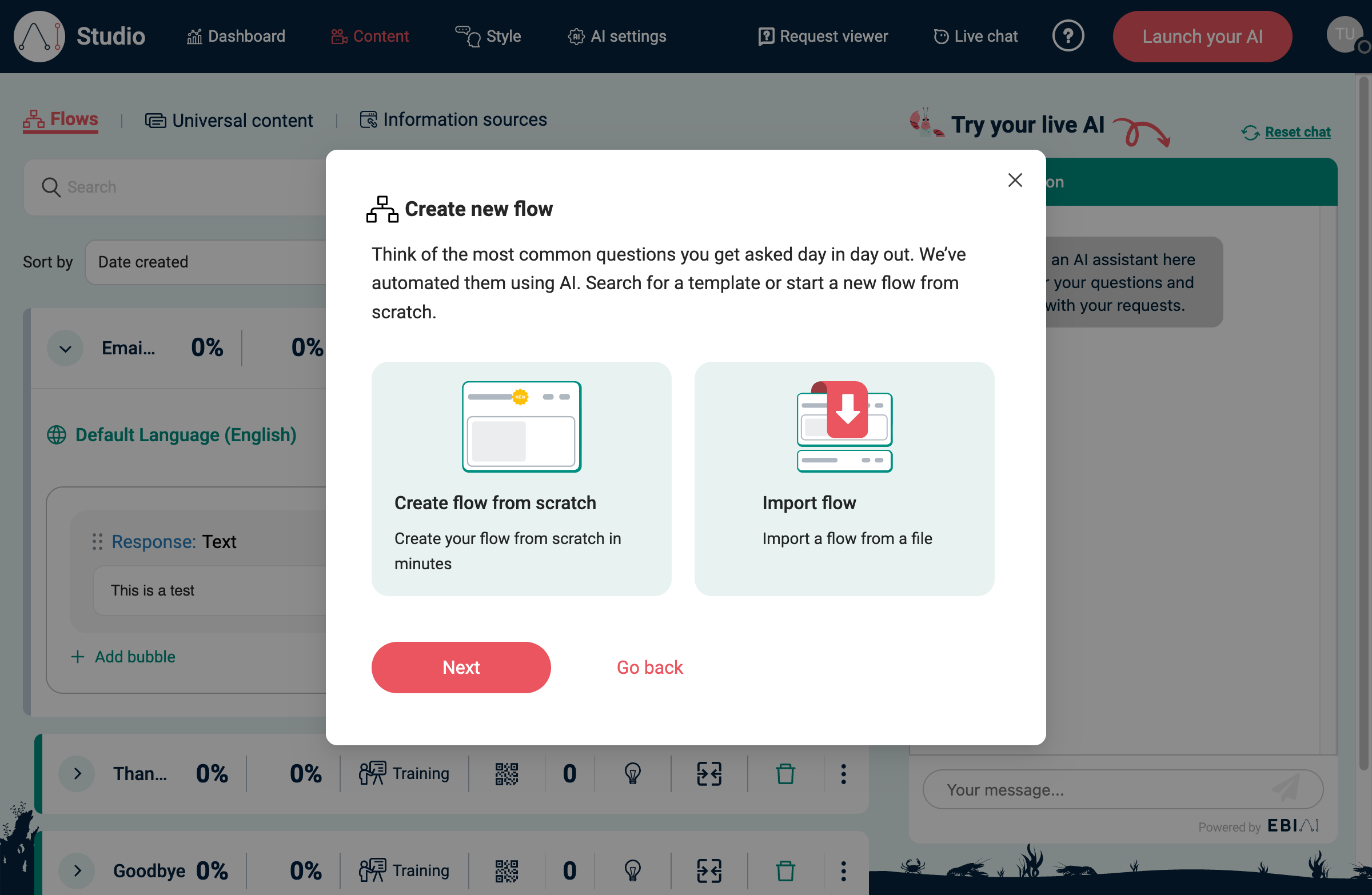 Auto-generation modal in EBI's AI Studio prompting for your website URL
