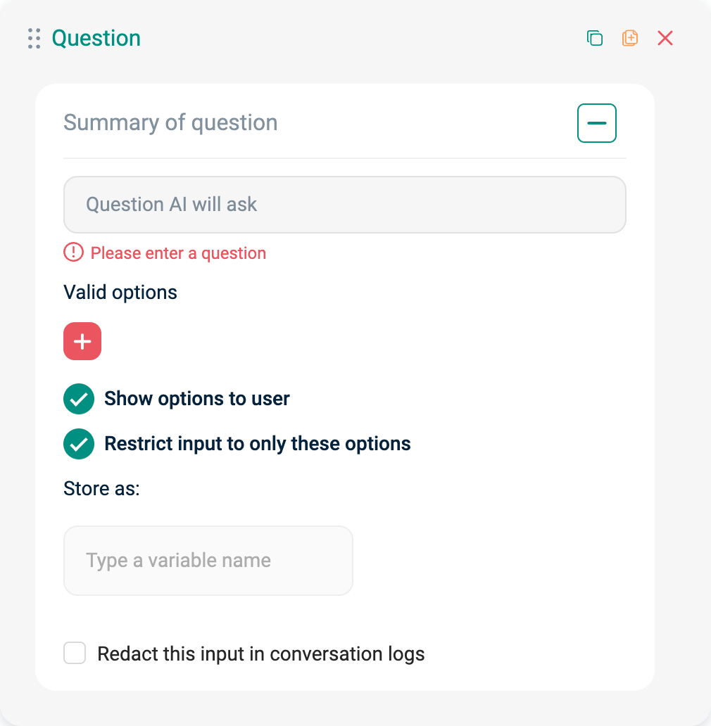 Ask a question bubble in EBI's AI Studio showing Redact this input in conversation logs