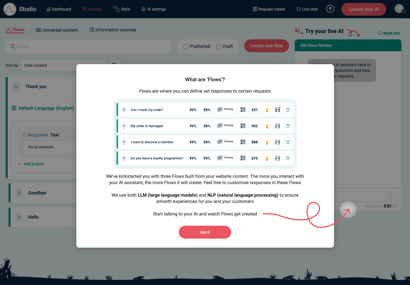 Flows introduction modal in EBI's AI Studio