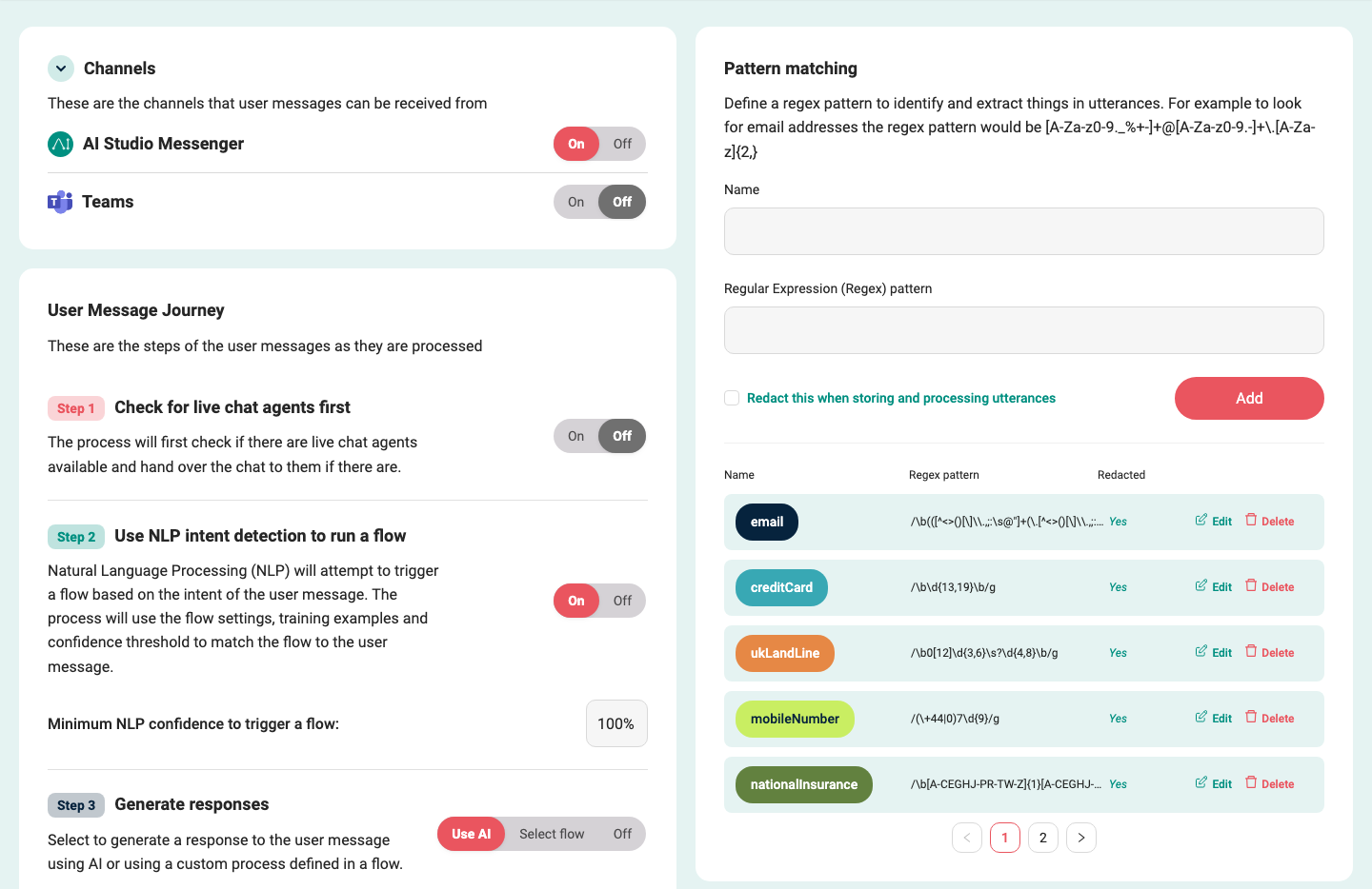 AI settings in EBI's AI Studio showing Channels, User Message Journey, and Pattern matching