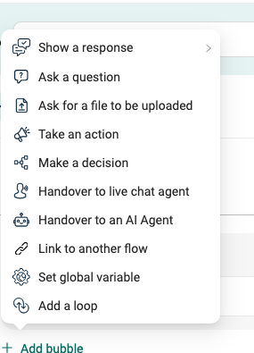 Add bubble menu in EBI's AI Studio showing the available flow bubble types