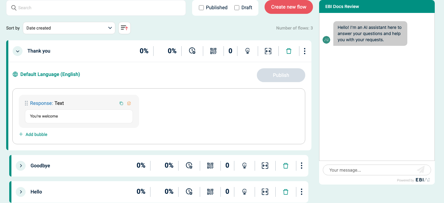 Flow list showing Search, Published and Draft filters, Create new flow, Sort by, Number of flows, and flow cards