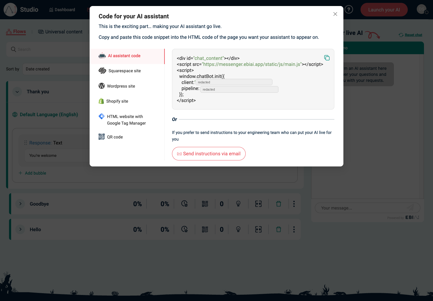 Launch your AI showing the Web Messenger launch options and AI assistant code tab with generated identifiers redacted
