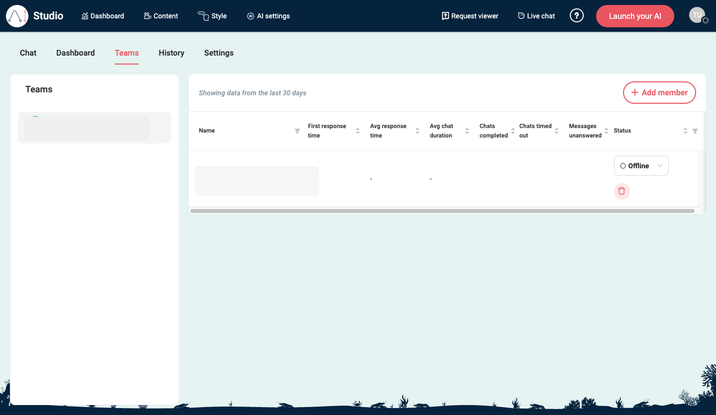 Live chat Teams in EBI's AI Studio showing the Add member button and team table