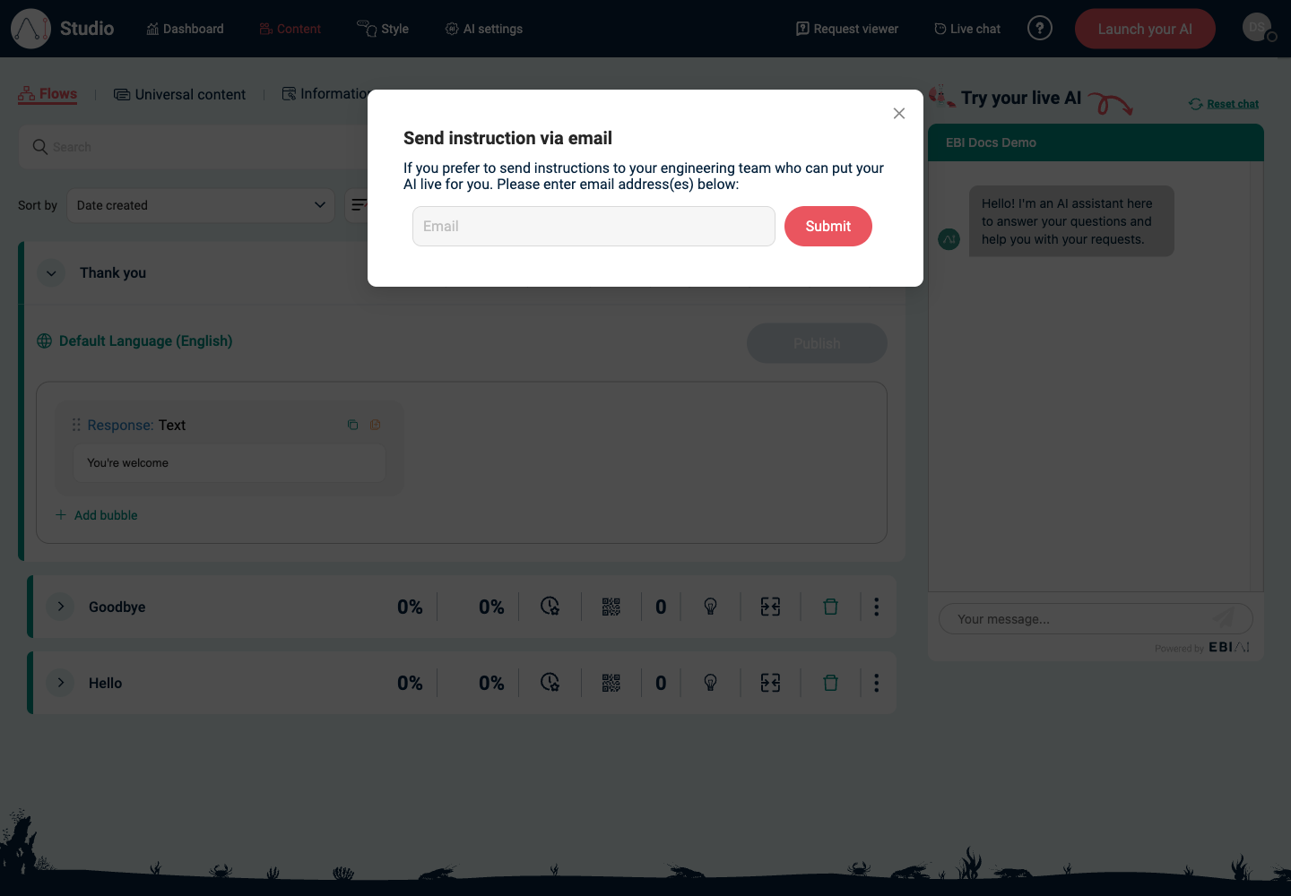 Send instruction via email modal showing the recipient email field and Submit button