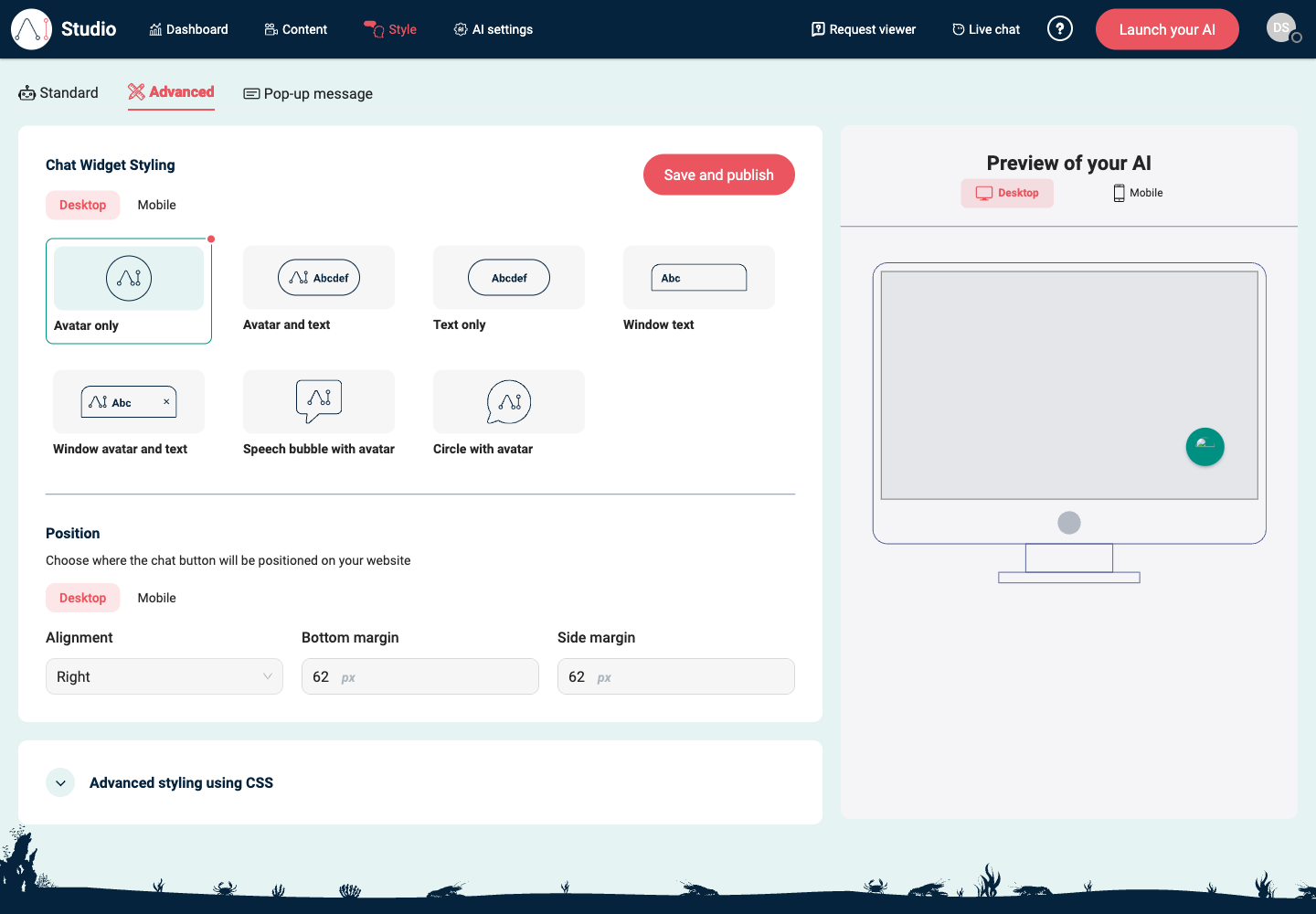Style Advanced tab showing chat widget styling, position controls, and Preview of your AI