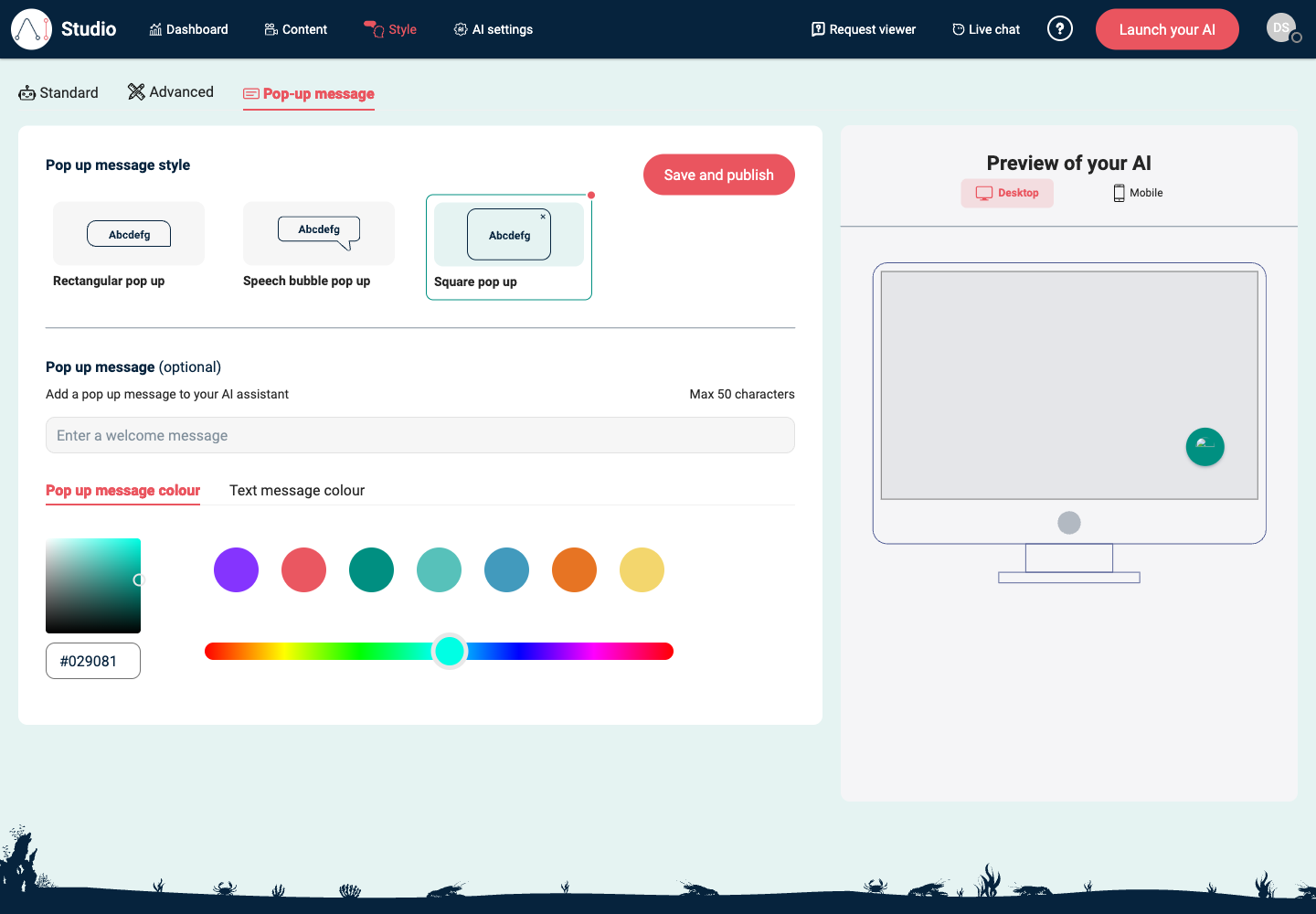 Style Pop-up message tab showing pop-up shape, message text, colour controls, and Preview of your AI