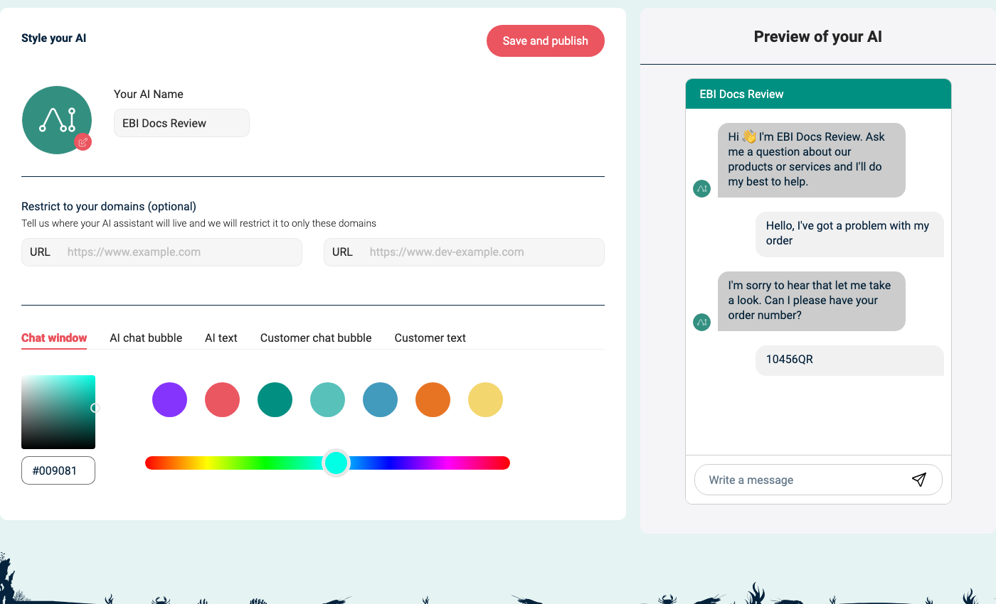 Style Standard tab showing Your AI Name, allowed domains, colour controls, and Preview of your AI