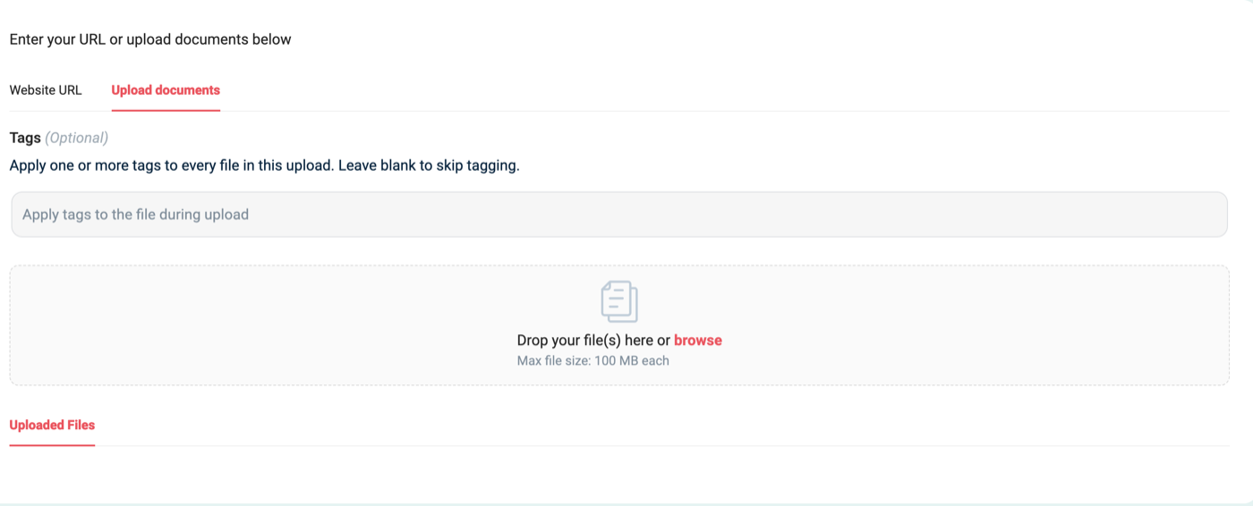 Upload documents tab in Information sources showing tags, the upload area, and Uploaded Files