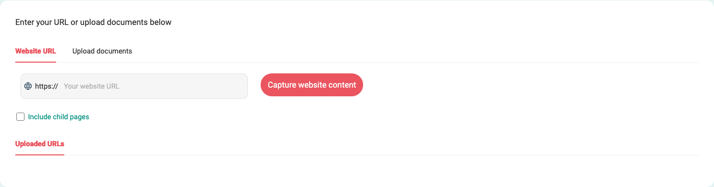 Website URL tab in Information sources showing Capture website content, Include child pages, and Uploaded URLs